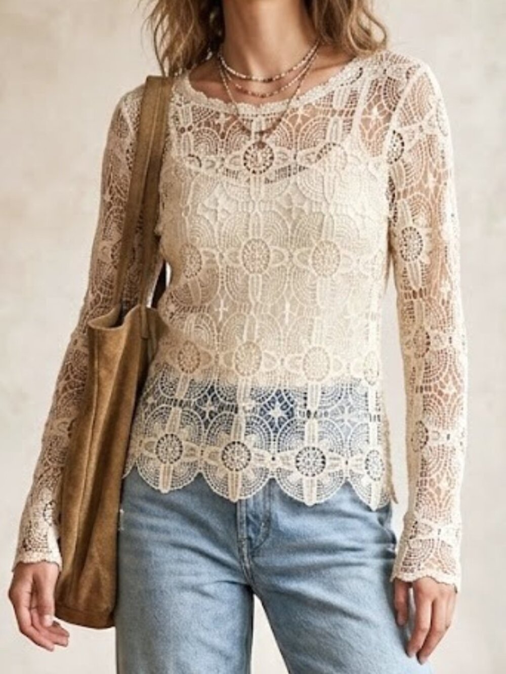 Crystal K Cream Floral Crochet Lace Long Sleeve Top Boho Y2K Size: M